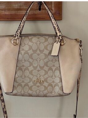 Coach Beige Signature Satchel with Snake-Print Trim